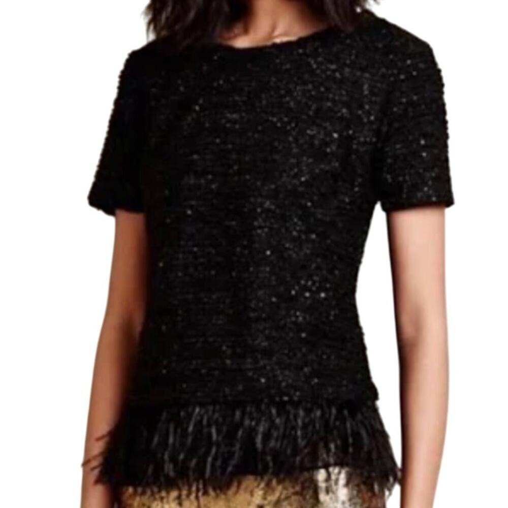 Ann Taylor Black Sequin Short Sleeve Feather Trim Round Neck Shirt Top Size XS - Picture 1 of 11